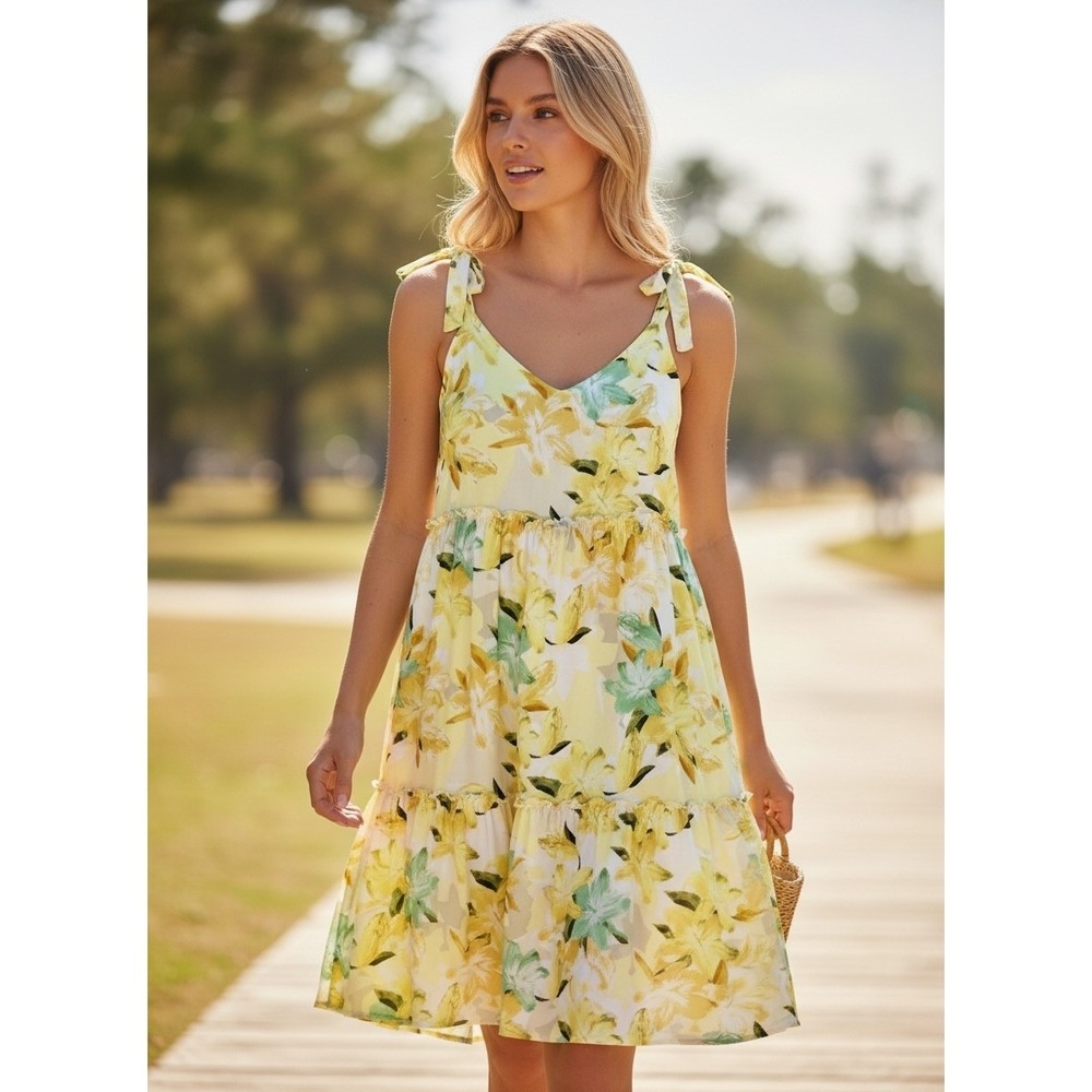 Hayden Floral Print Tiered Midi Dress Womens L Yellow Green Flowy Cottagecore